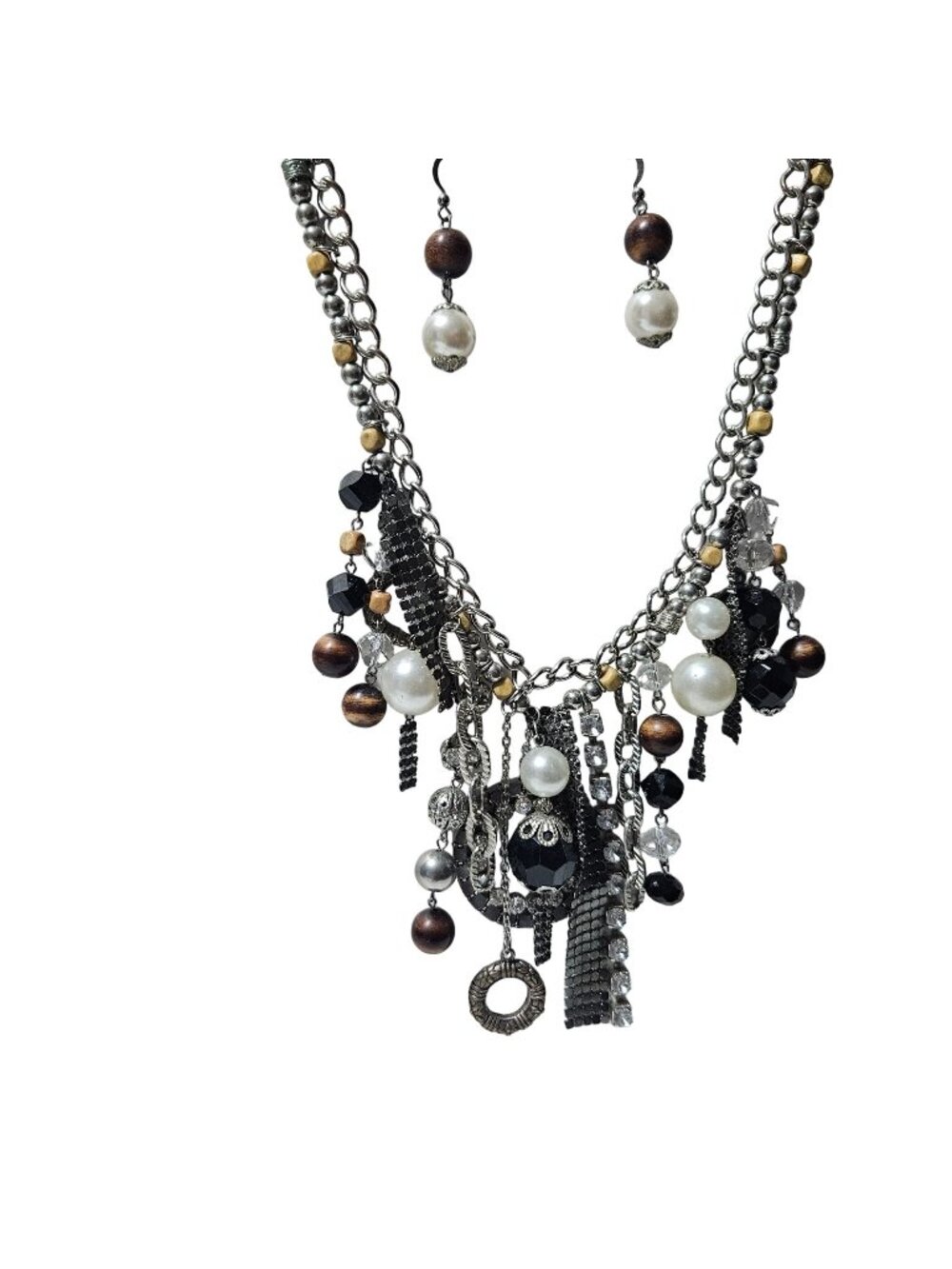 Statement Charm Necklace Earrings Set Wood Faux Pearl Accents Fashion Jewelry
